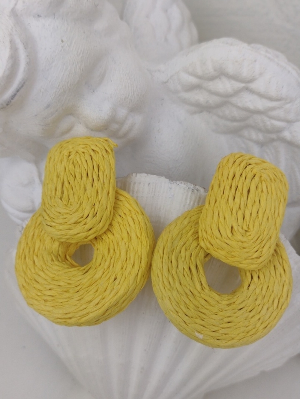 Handcrafted Vibrant Yellow Woven Rattan Gorgeous Post Drop Statement Earrings